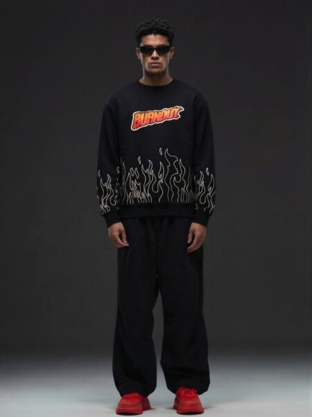 Premium black burnout sweatshirt featuring bold flame graphics and modern streetwear style.