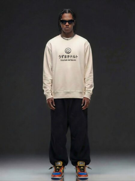 Anime rubber print off white sweatshirt for men with front graphic design